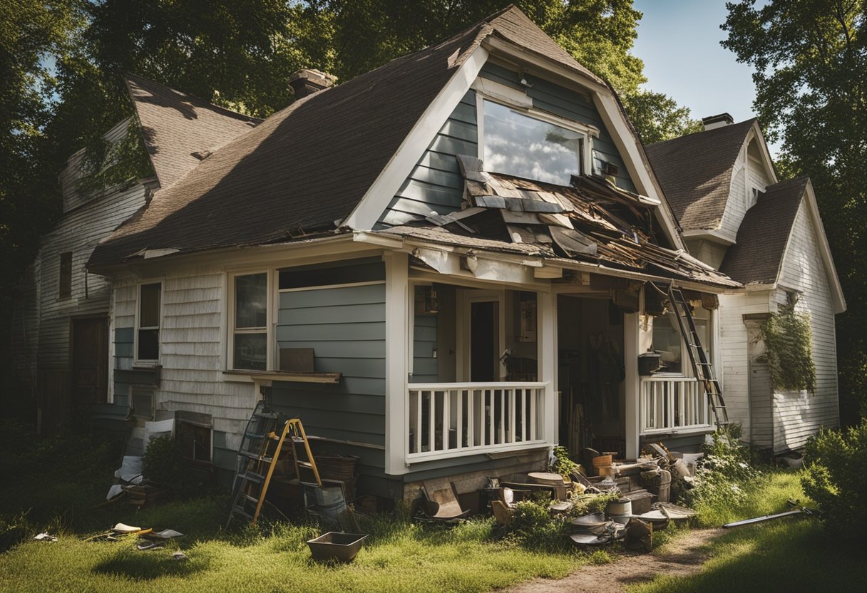 A house with worn and damaged siding, surrounded by tools and materials for replacement. A person assessing the condition of the siding