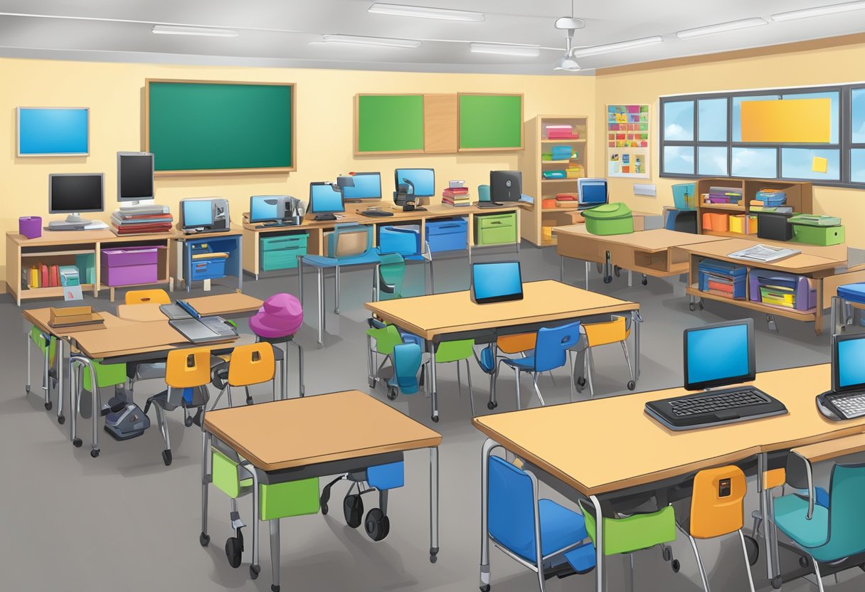 A classroom filled with diverse assistive technology devices and tools for students with special needs, including communication devices, sensory equipment, and educational software