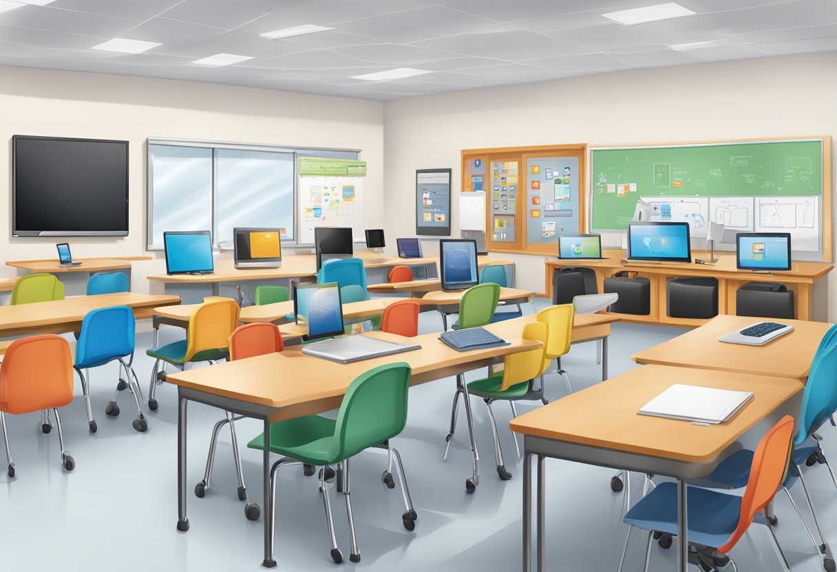 A classroom setting with various assistive technology devices integrated into the learning environment, such as interactive whiteboards, tablets, and communication devices