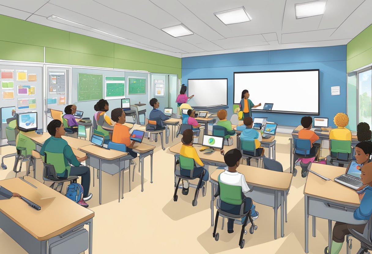 A classroom filled with diverse assistive technology tools and devices, including tablets, interactive whiteboards, and specialized software, being used by students with varying abilities