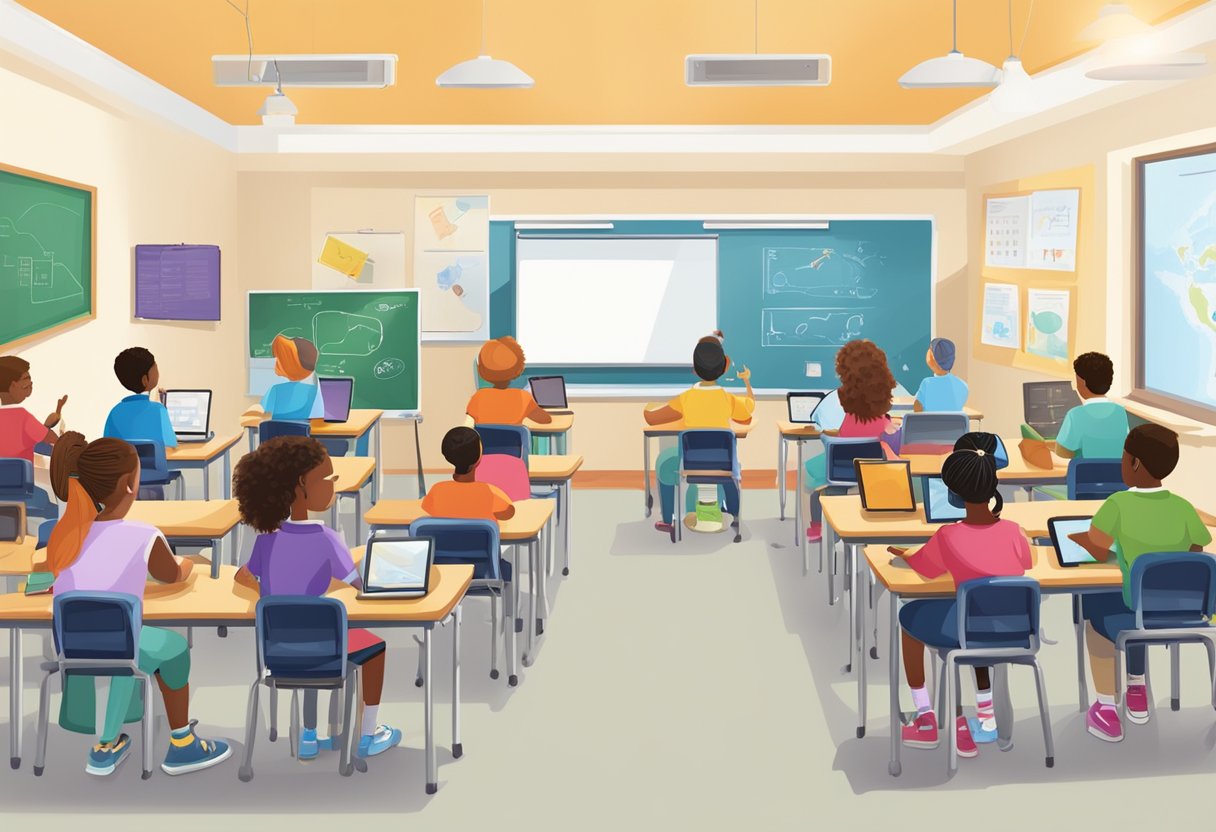 A classroom setting with diverse students using various educational technologies, such as tablets and interactive whiteboards, with a focus on special education