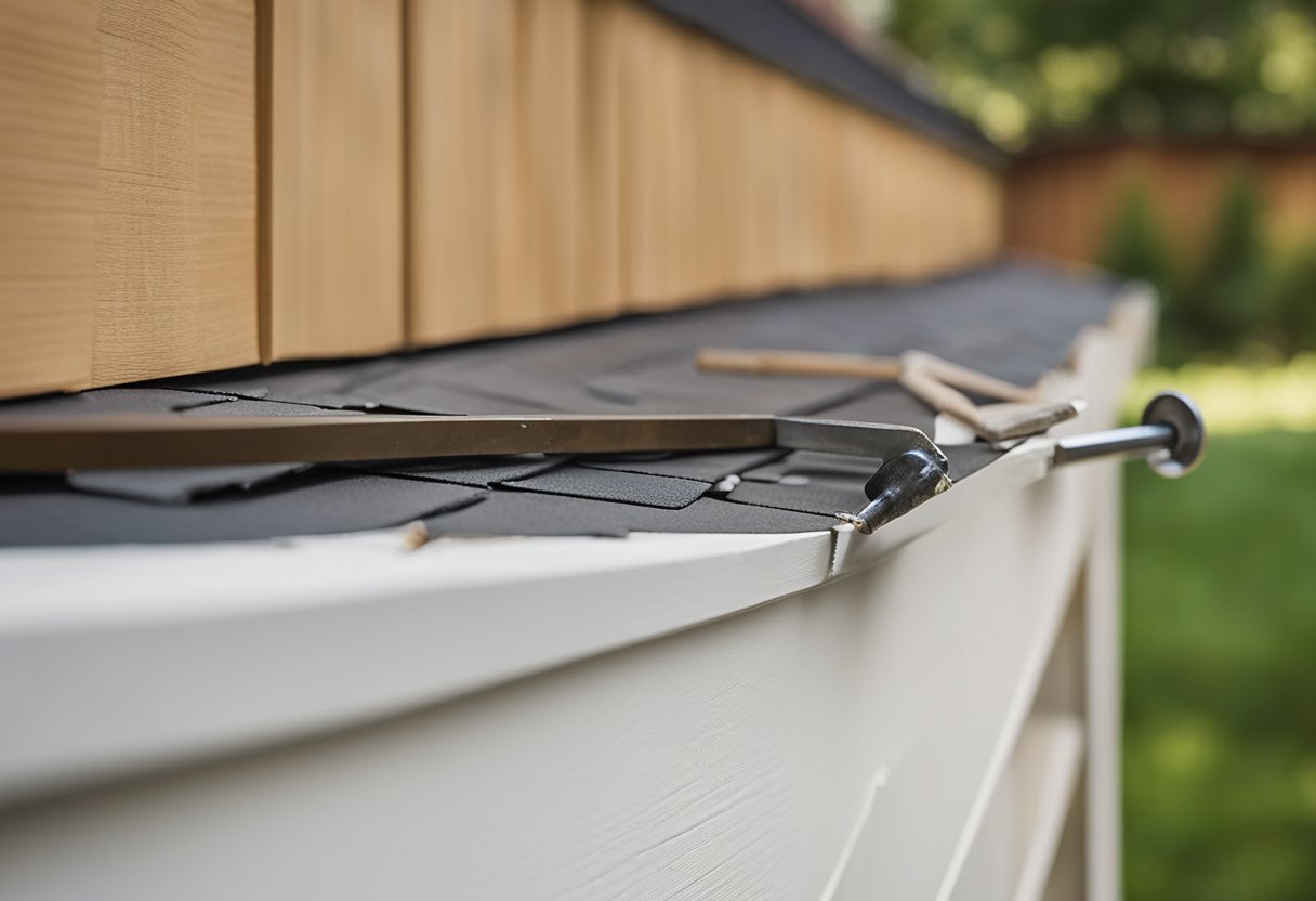 A damaged vinyl siding panel being replaced with a new one, with a hammer and nails nearby