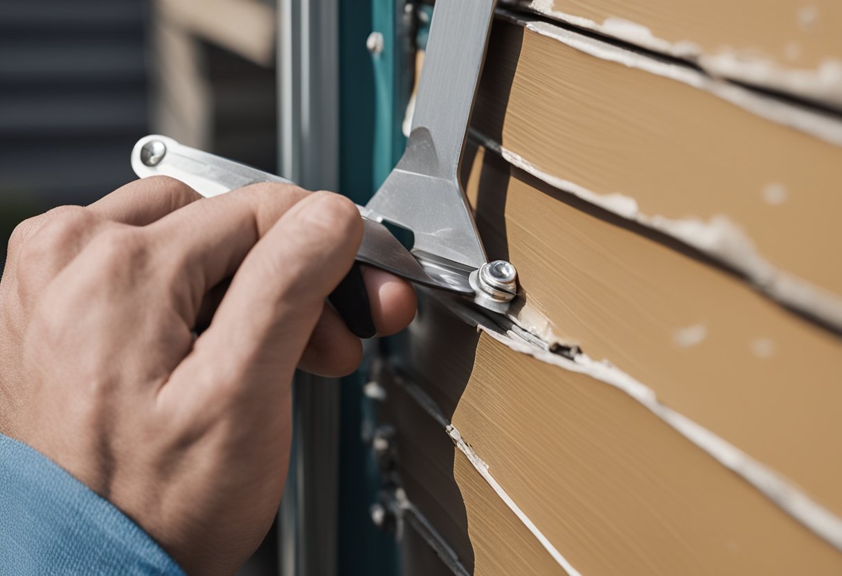 A damaged vinyl siding panel being replaced with a new one, using simple tools and techniques
