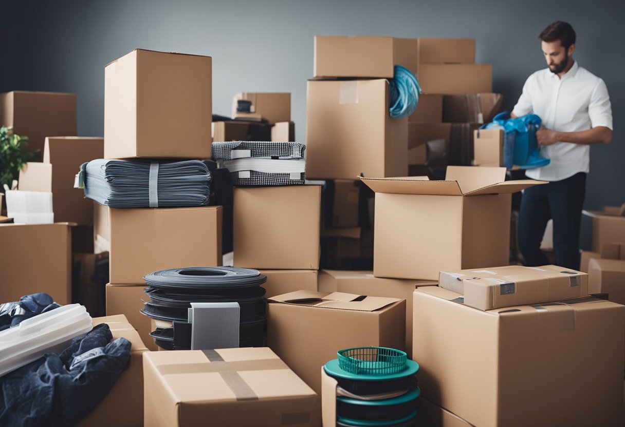 Office supplies packed in boxes, movers carrying furniture, and workers dismantling equipment
