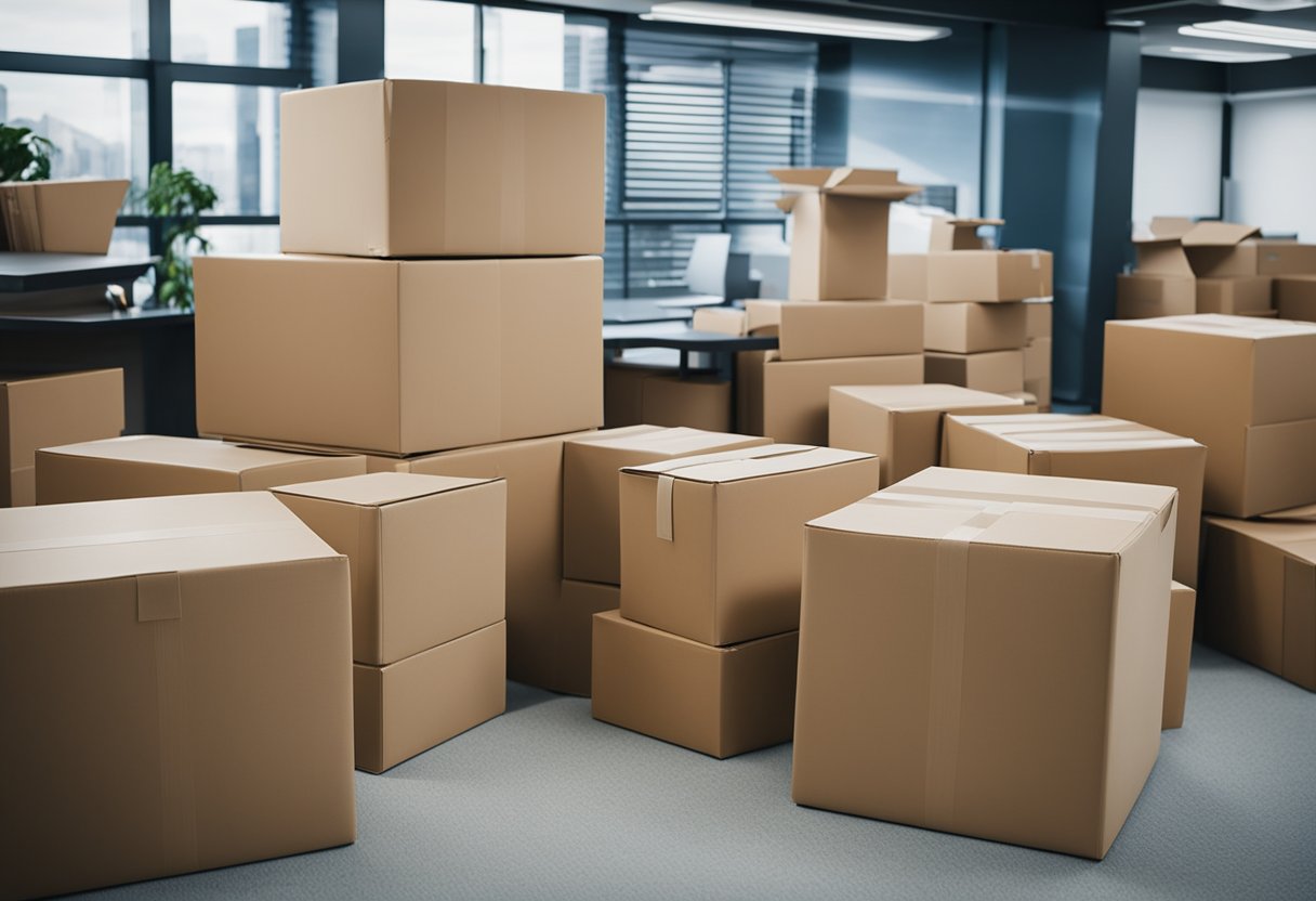 Office items in boxes, movers carrying furniture, potential trip hazards, and heavy lifting. Mitigation techniques include clear pathways, proper lifting techniques, and using moving equipment