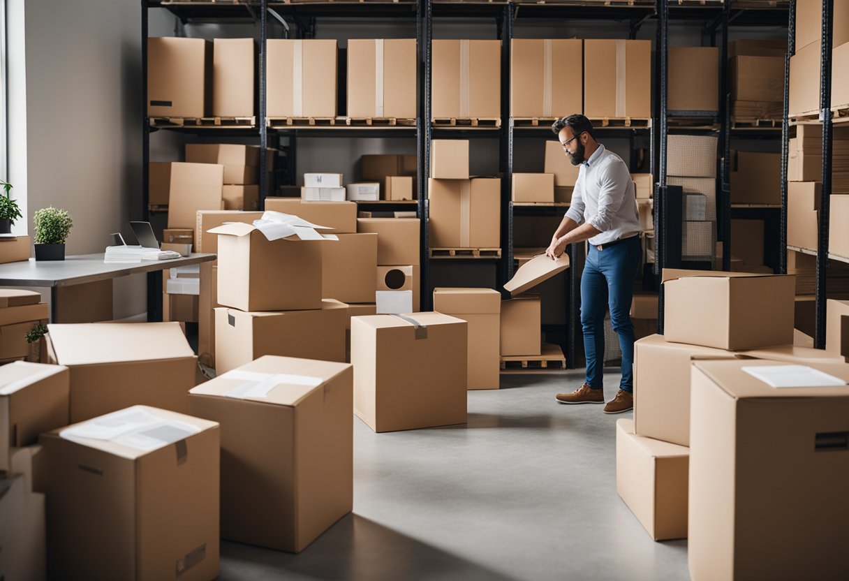 Employees packing boxes, labeling items, and organizing furniture for office move. Checklist on wall with tasks such as disconnecting electronics and notifying clients