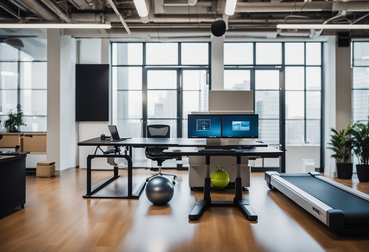 A desk with a standing option, a balance ball chair, and a treadmill desk in an open space office