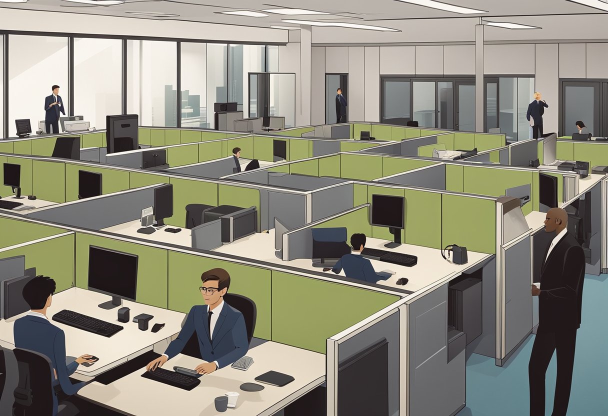 Employees in cubicles, sitting at desks. Some are using standing desks or balance balls. Others are walking and talking on the phone. A few are taking the stairs instead of the elevator
