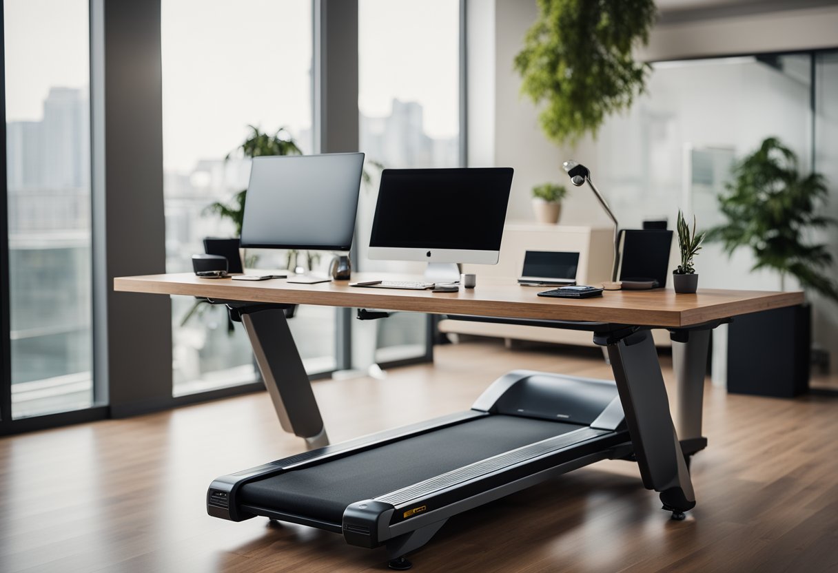 A desk with a standing option, a treadmill or under-desk elliptical, a visible step counter, and motivational posters on the walls