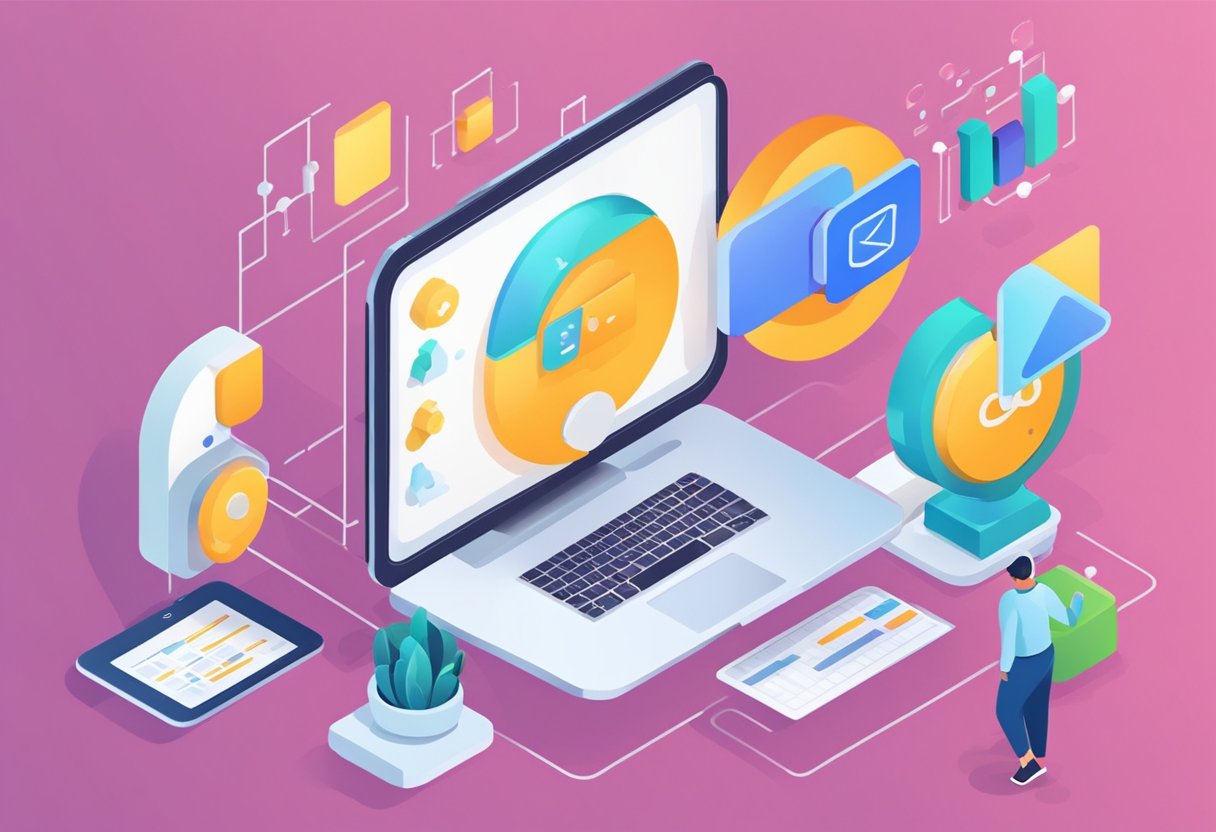 An AI marketing tool analyzes data and generates targeted ads for a small business. It uses algorithms to optimize campaigns and increase customer engagement