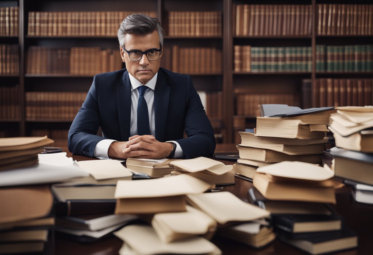A tort lawyer at a cluttered desk, surrounded by legal books and papers, deep in thought with a determined expression
