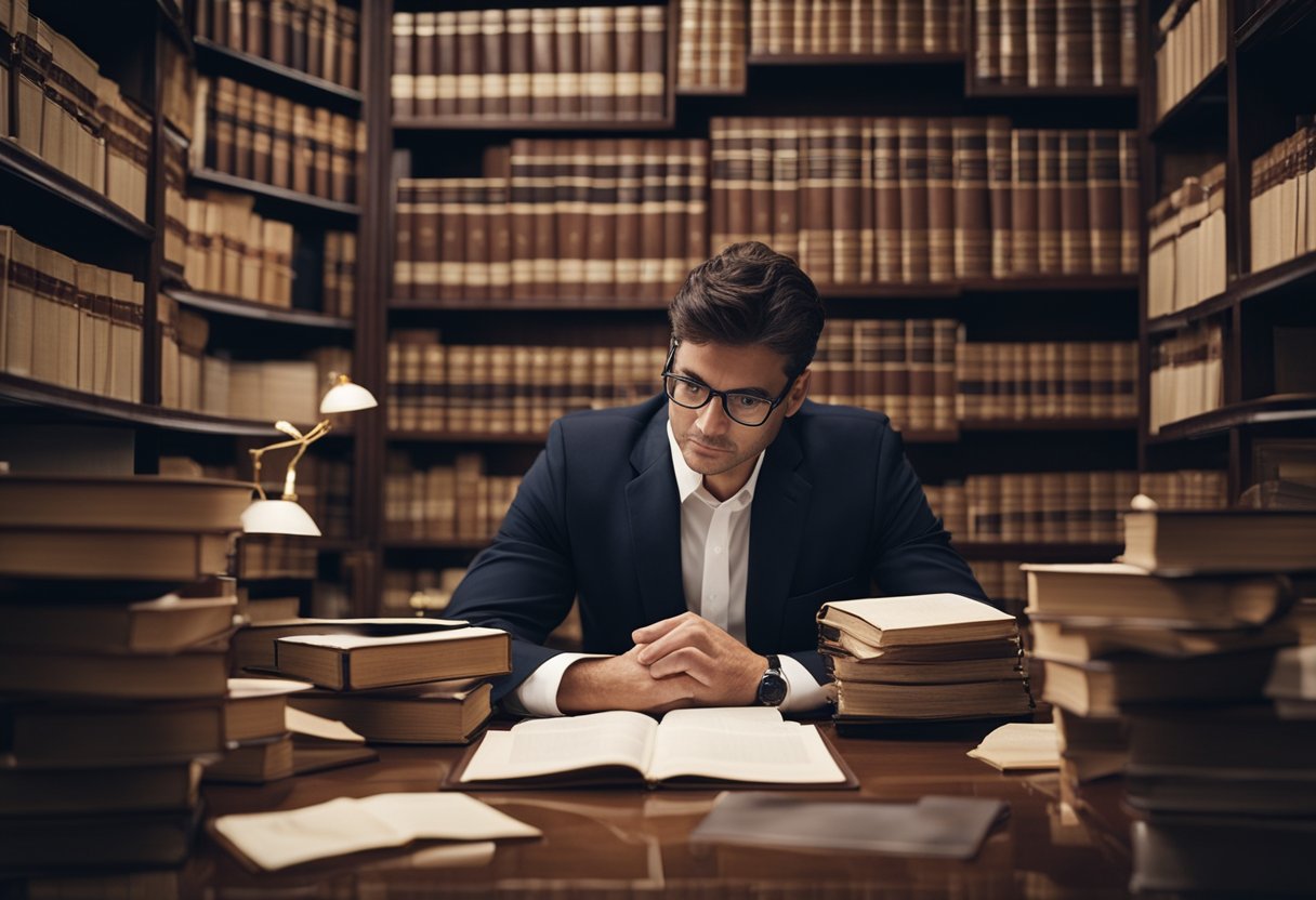 A tort lawyer studying various types of torts, surrounded by legal books and documents in a cluttered office