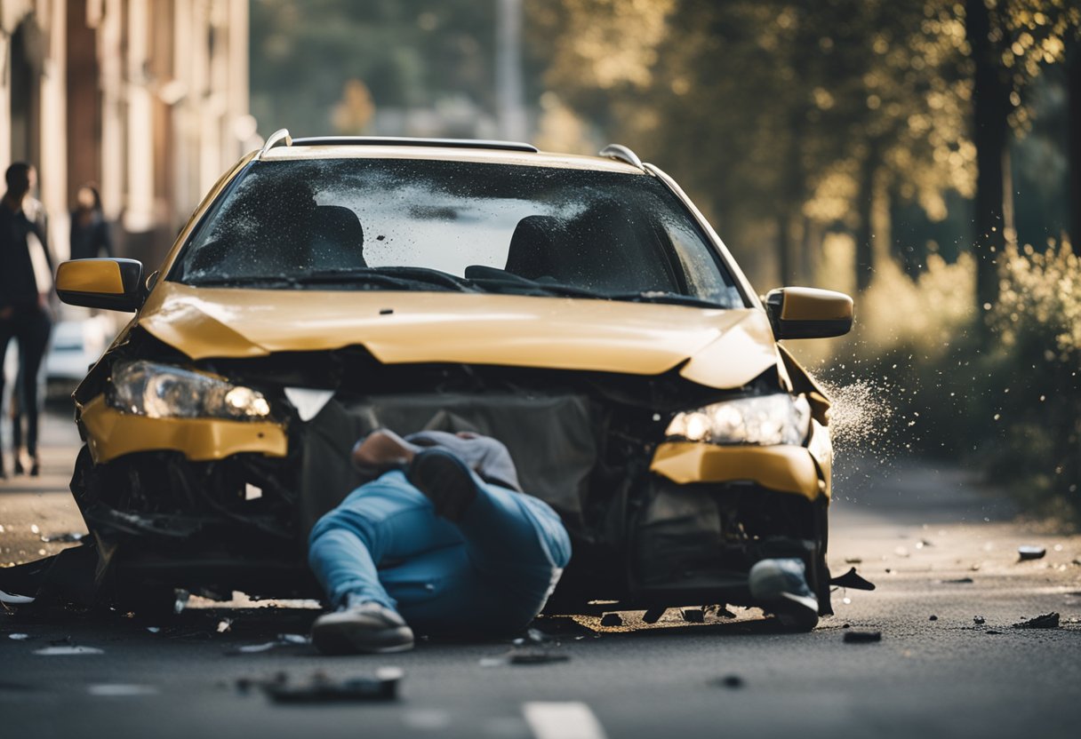 A car crash with a damaged vehicle and a person on the ground