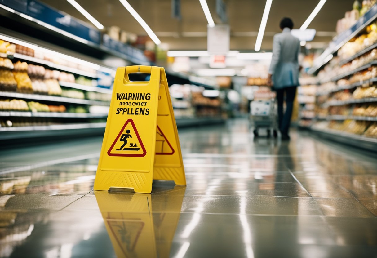 A person slips on a wet floor in a grocery store, causing them to fall and injure their back. The store's lack of warning signs and failure to clean up the spill promptly contribute to the accident