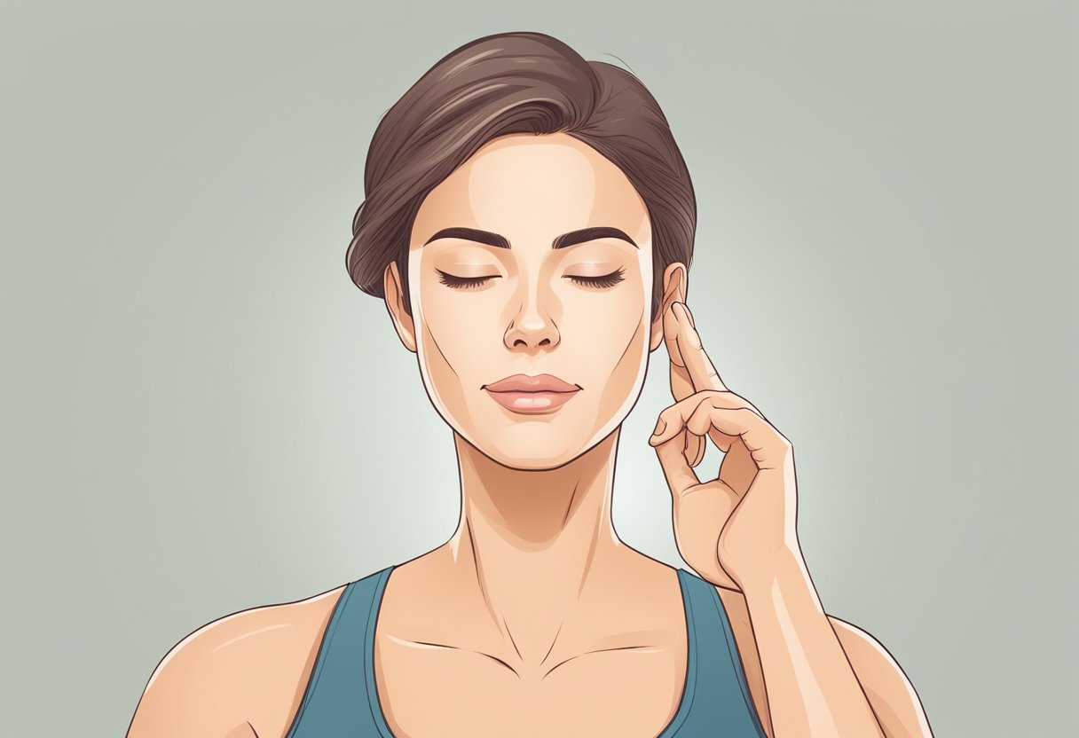 A serene woman practicing facial exercises, focusing on lifting and toning her facial muscles. She follows a routine at home, with a relaxed expression and proper posture