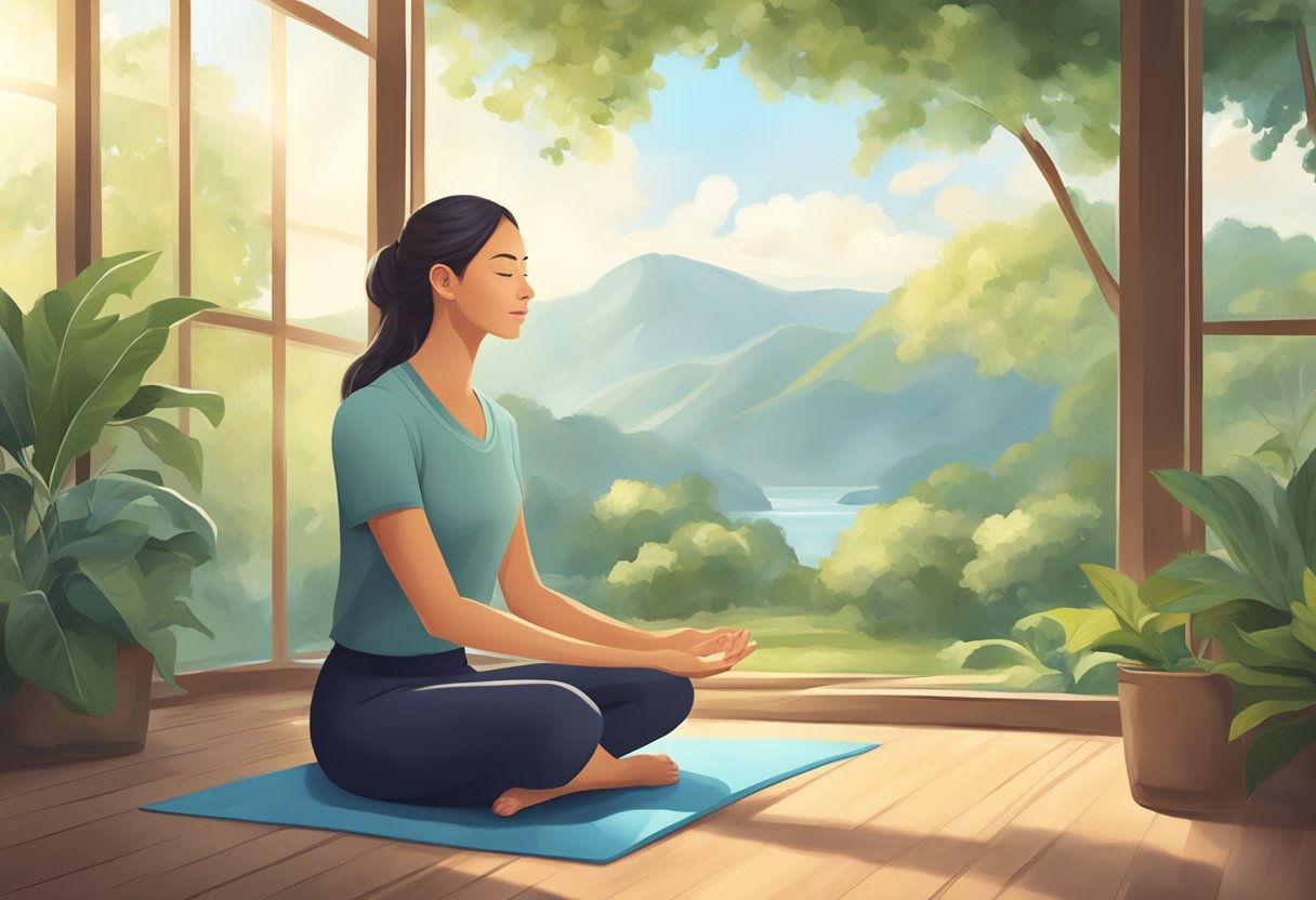 A serene and peaceful setting with natural light, a person practicing facial exercises, and a sense of relaxation and focus