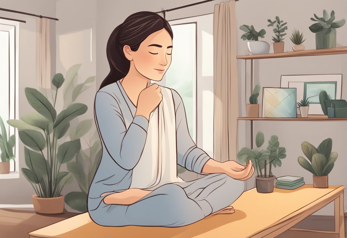 A serene and cozy home setting with a person practicing facial gymnastics to combat flaccidity, showcasing the benefits and techniques