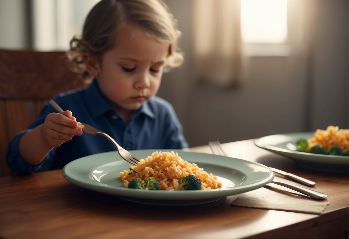 A child's plate with utensils untouched, while the child watches others eat with utensils