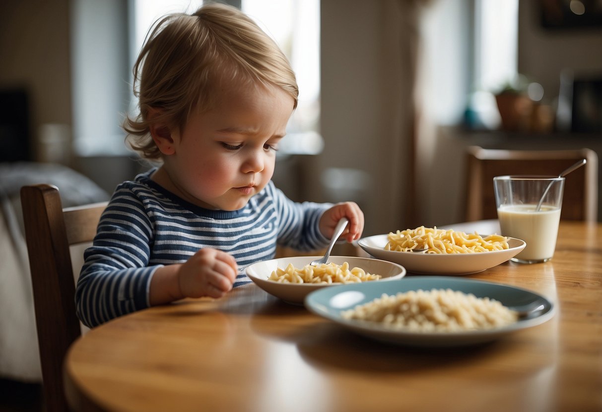 A toddler sitting at a table, using utensils to eat independently. Food is spread out in front of them, showcasing a variety of textures and shapes