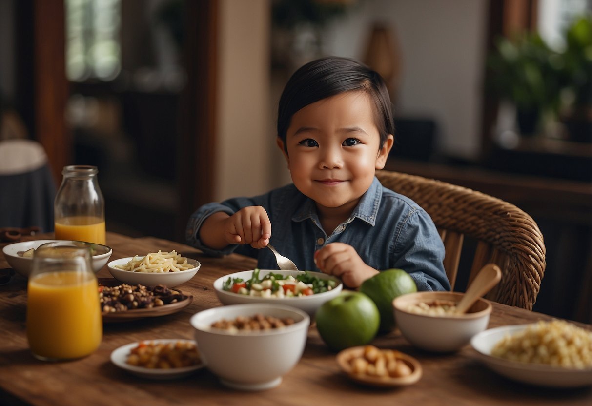 A child sits at a table surrounded by family, eating with utensils. The table is filled with various foods from different cultures, representing the diversity of eating habits