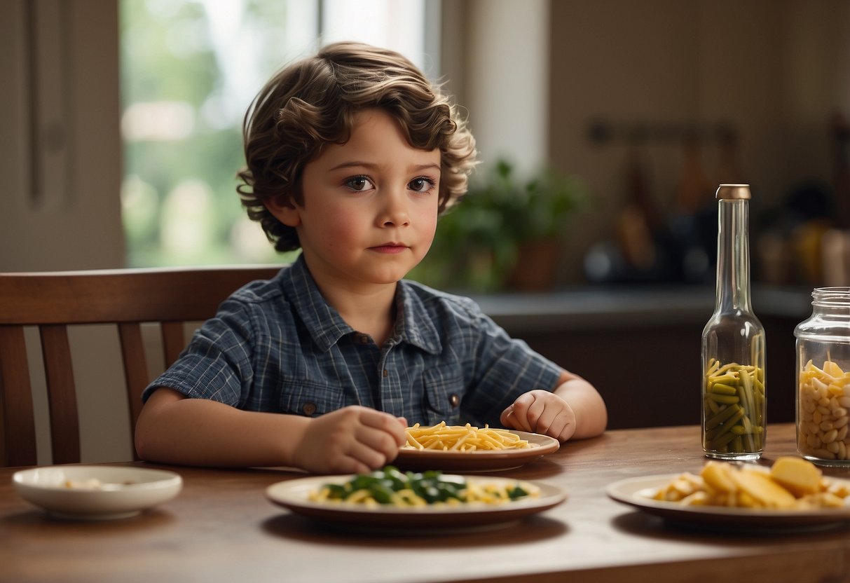 A child sits at a table with various utensils in front of them, looking at their parent for guidance on when to stop eating with their hands