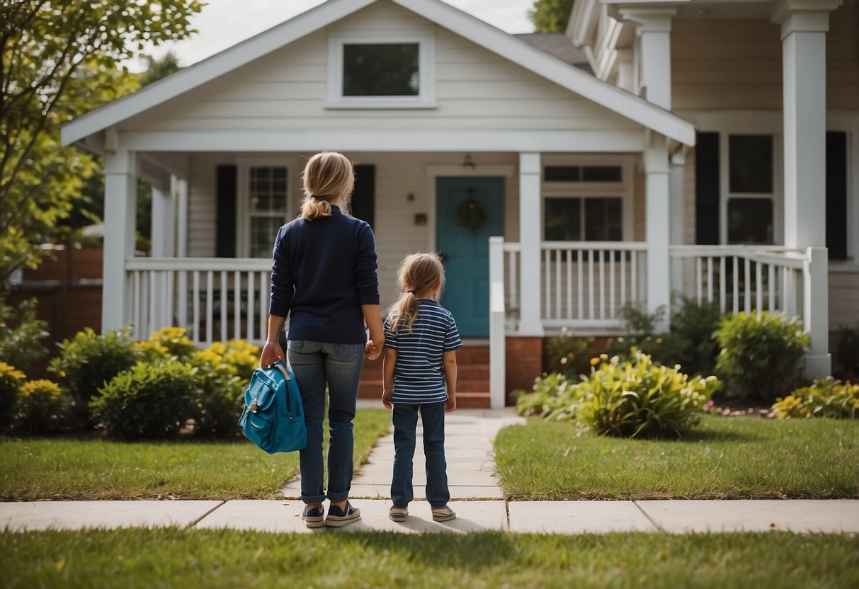 A 10-year-old stands between two houses, one parent on each side. A judge and social worker look on as the child points to their chosen home