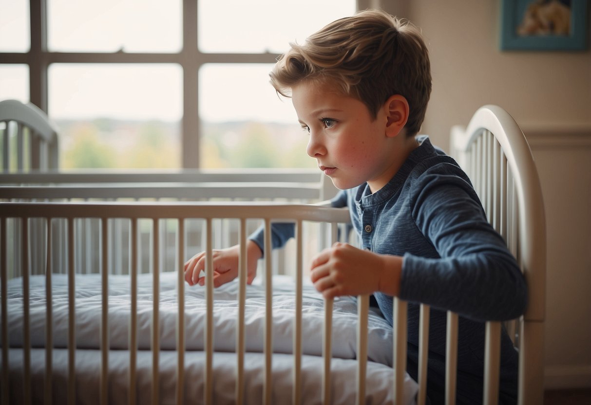 A 13-year-old stands confidently, observing a peaceful baby in a crib, showing signs of maturity and readiness