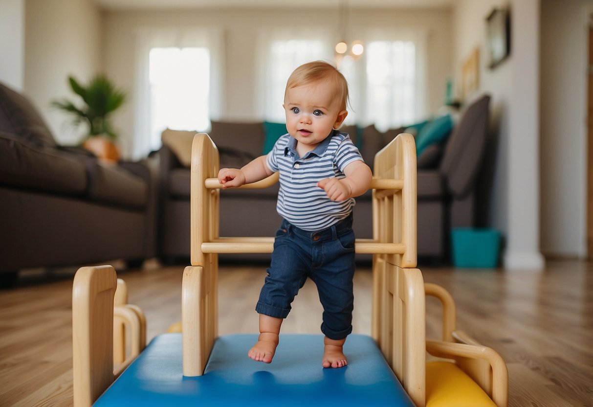 A 2-year-old walks carefully with an adult nearby, holding onto furniture for balance. The floor is clear of obstacles, and safety gates are in place