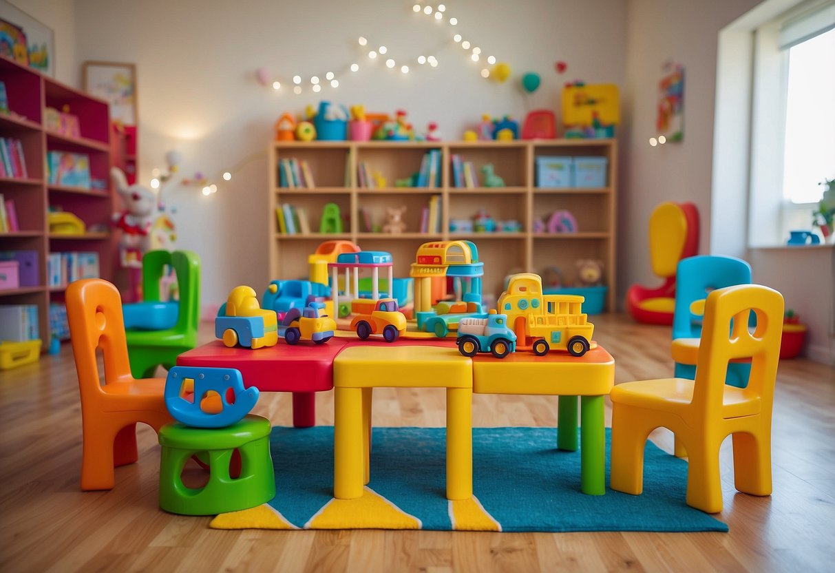 A colorful room with age-appropriate toys and books, a child-sized table and chairs, and soft, safe flooring for a 2-year-old to explore and practice walking