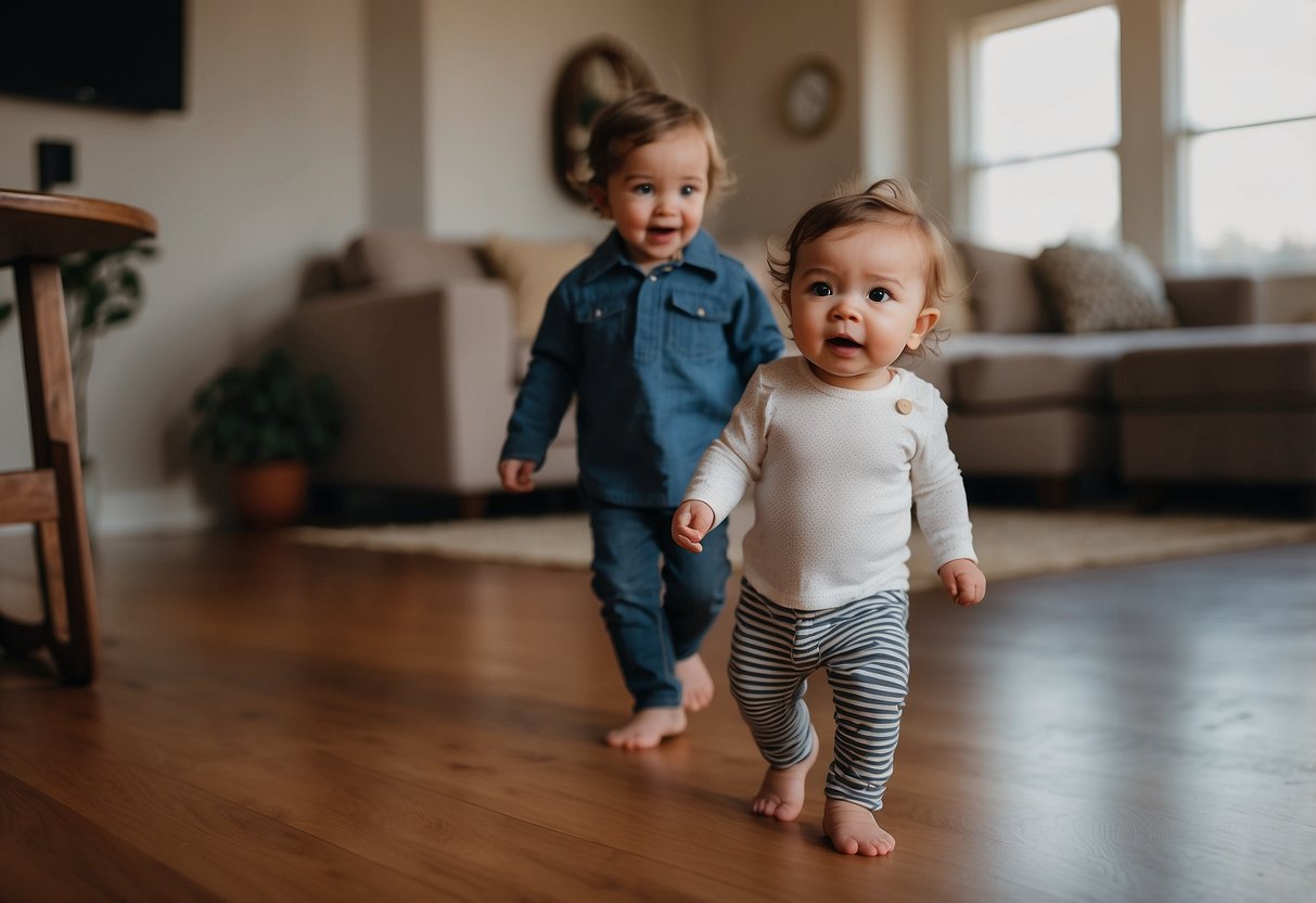 A 20-month-old toddles confidently, taking small steps and occasionally stumbling, as they navigate their way across the room