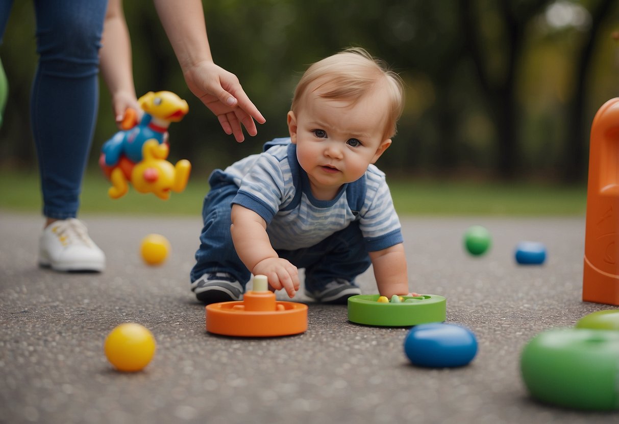 A 20-month-old walks on a flat surface, with toys and obstacles nearby. An adult stands nearby, encouraging and supporting the child's efforts