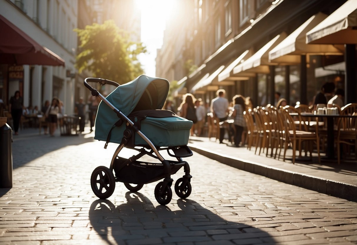 A stroller sits outside a bustling cafe, surrounded by people. The sun shines down on the scene, creating a warm and inviting atmosphere