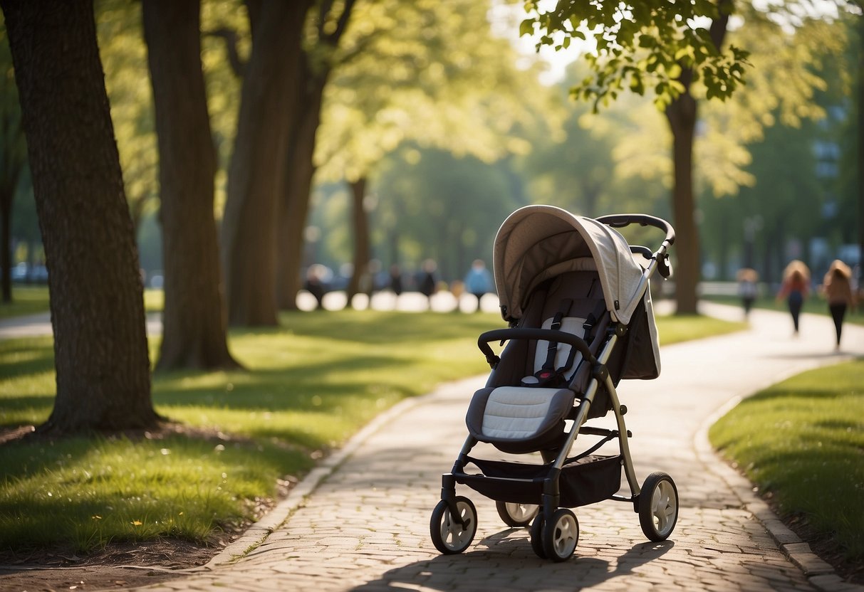 A peaceful park with a stroller, a sunny day, and families in the background
