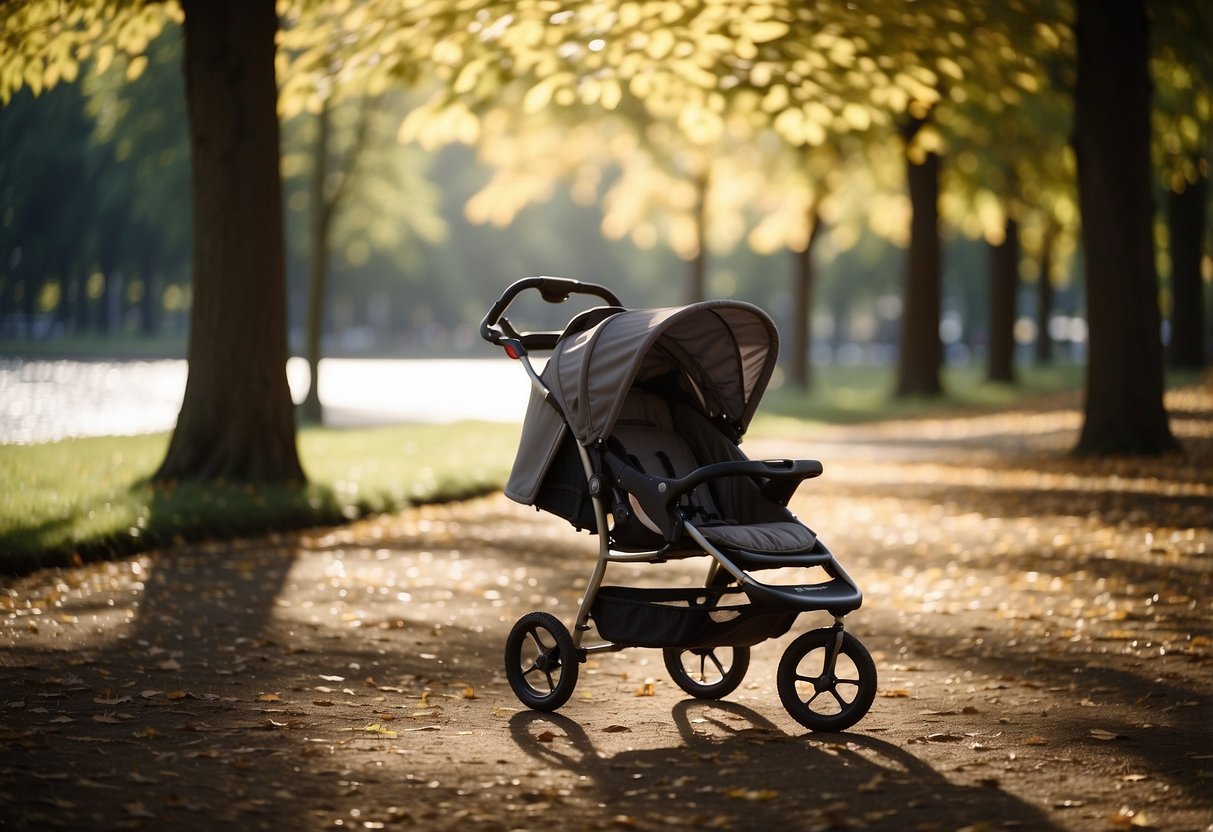 A stroller sits in a park surrounded by trees and people. Sunlight filters through the leaves, casting dappled shadows on the ground. A gentle breeze rustles the leaves, creating a peaceful atmosphere for outdoor interaction