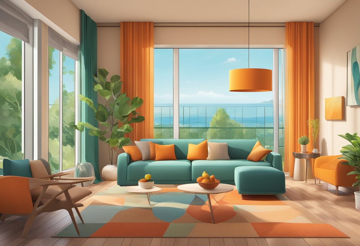 A room with warm, inviting colors like red and orange, creating a sense of energy and excitement. Cool blues and greens are used to promote calmness and tranquility. The combination of these colors evokes a balanced and harmonious atmosphere