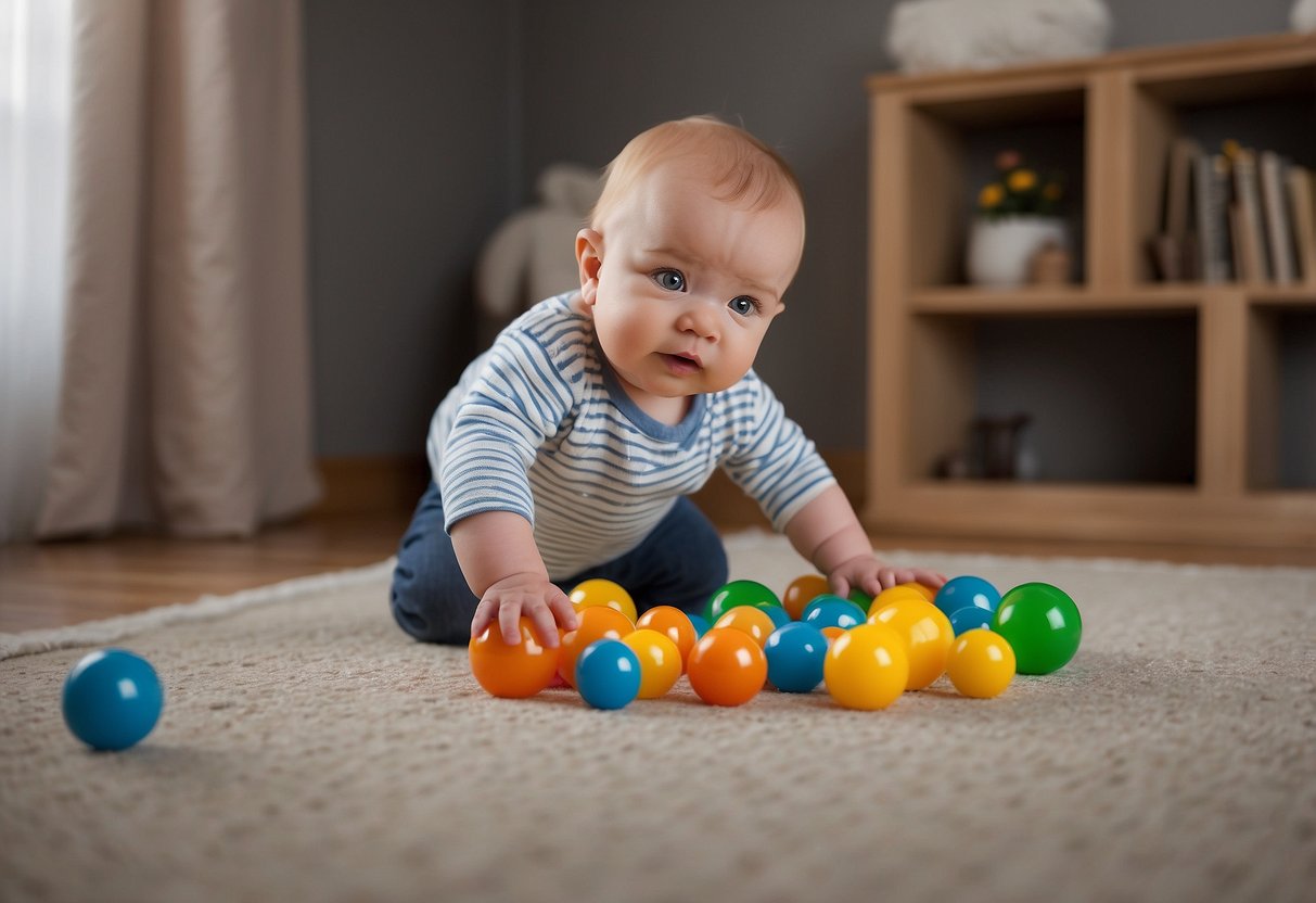 A 9-month-old reaches for a toy and looks for it when hidden, showing an understanding of object permanence. They respond to their name and simple commands, indicating a growing comprehension of language