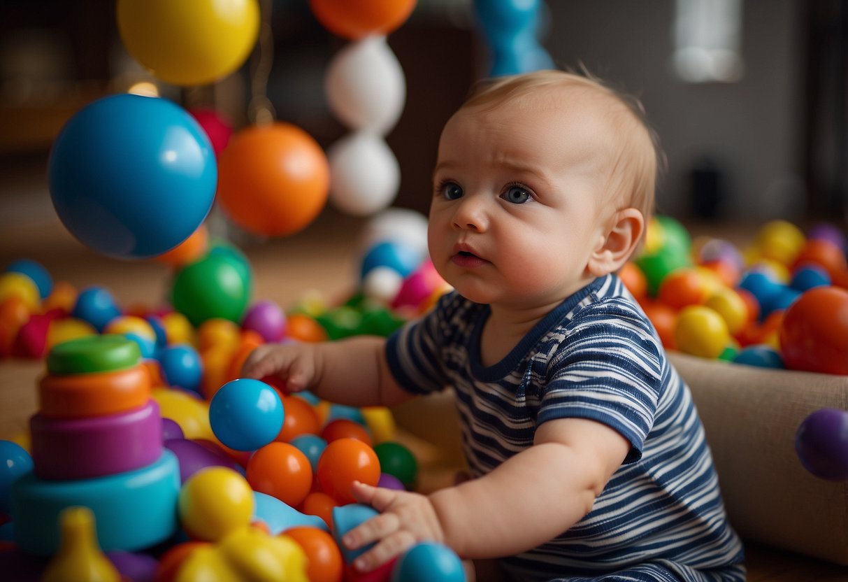 A 9-month-old observes colorful toys and listens to simple words, showing signs of understanding