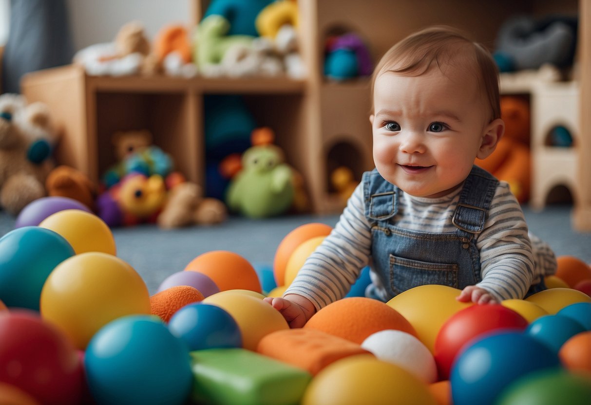 A 9-month-old sits surrounded by colorful toys and a soft, padded play area. A smiling caregiver looks on, ensuring the baby's safety and well-being