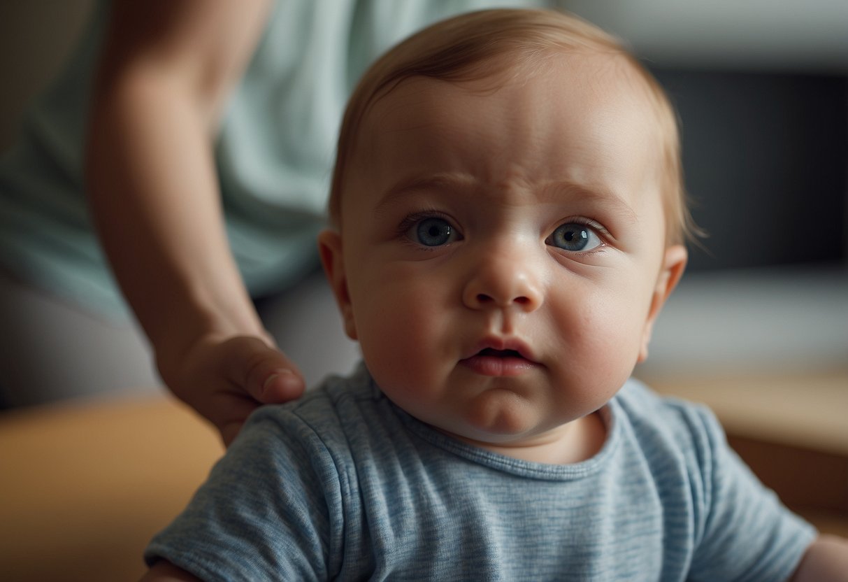 A 9-month-old baby looks up at a caregiver with a questioning expression as the caregiver gently says "no" with a reassuring tone