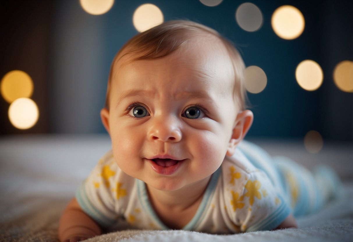 A 5-week-old baby's face lights up with a smile, eyes bright and mouth curved upwards, showing early signs of communication and interaction