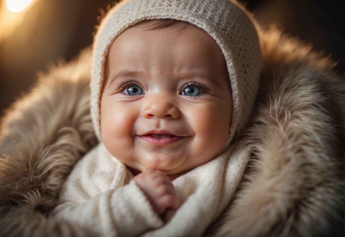 A smiling baby at 5 weeks old, with a bright expression and open eyes, surrounded by soft, comforting textures and gentle, warm lighting