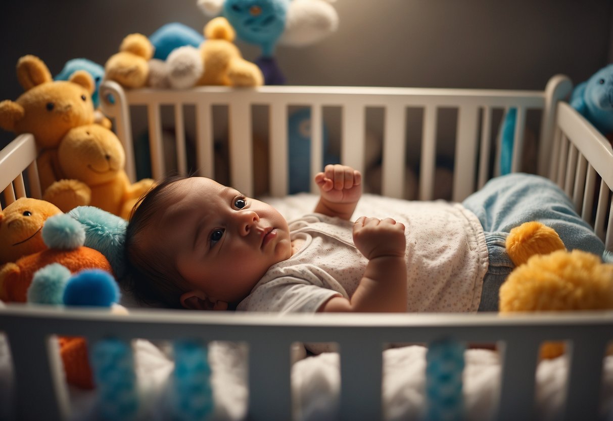 A baby lies in a crib, surrounded by toys. A cloud of stress and anxiety looms over the room, casting a shadow on the baby's peaceful expression