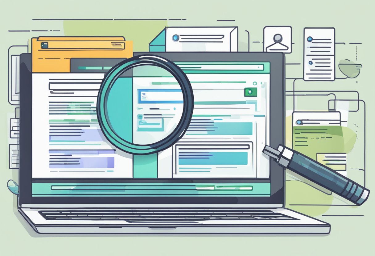 A computer screen displaying a website with keyword research, meta tags, and backlinks. A magnifying glass hovers over the screen, symbolizing SEO analysis