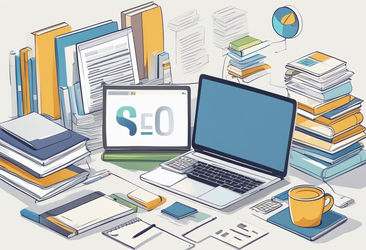 A person typing on a laptop surrounded by books and a whiteboard with keywords and SEO concepts written on it