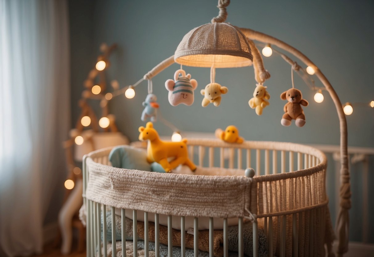 A baby's crib surrounded by soft, comforting colors and toys. A gentle mobile hangs above, swaying with soothing music. A warm, nurturing atmosphere fills the room