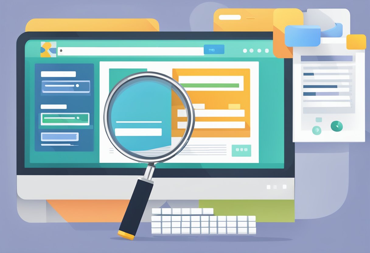 A computer screen displaying a website with a search bar, keywords, and meta tags. A magnifying glass hovers over the screen, symbolizing on-page optimization for SEO