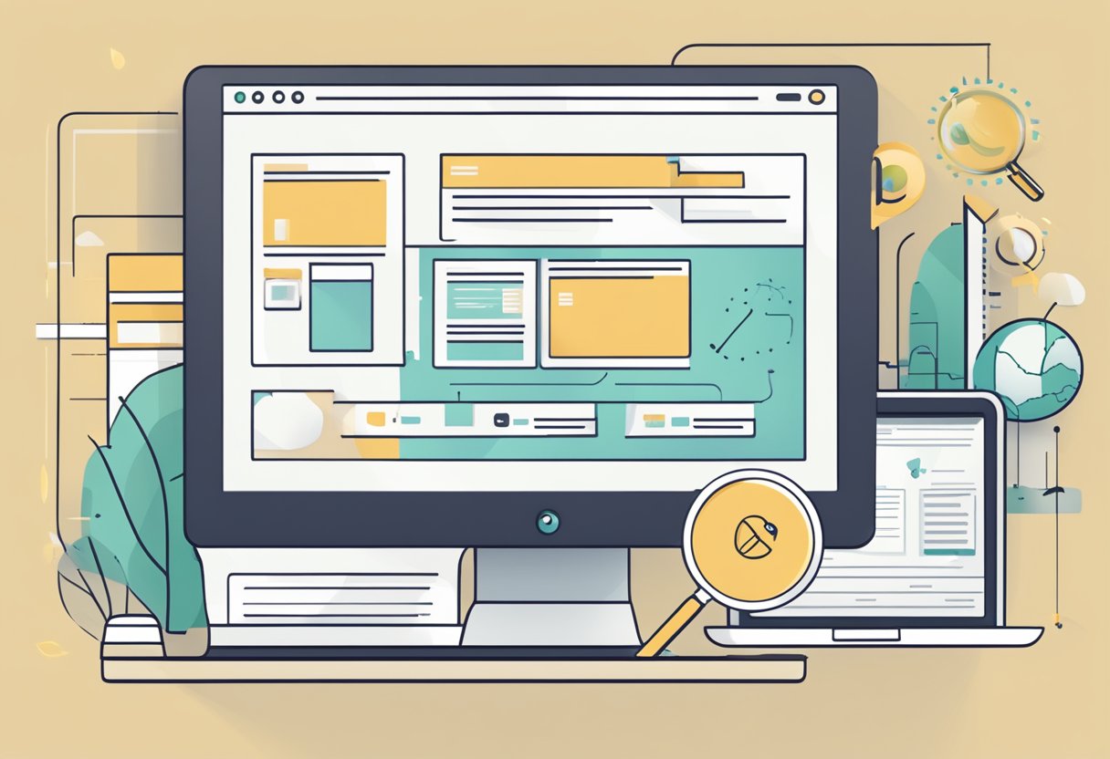 A computer screen displaying a website's technical SEO elements such as meta tags, sitemap, and structured data. A magnifying glass hovers over the screen, symbolizing the analysis and optimization process