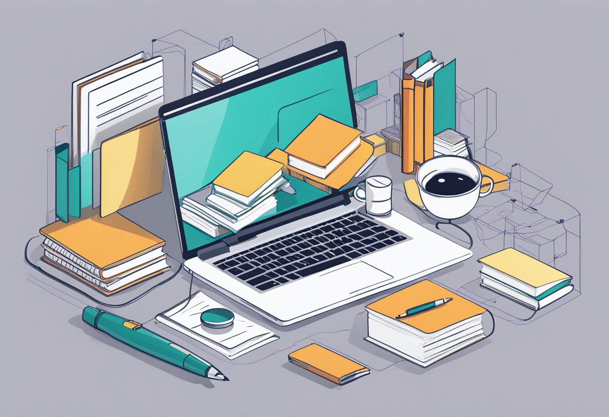 A laptop sits on a desk surrounded by books and a notepad, with a pen ready to jot down ideas. A web of interconnected lines represents link building strategies, while SEO basics are depicted through a magnifying glass focusing on keywords