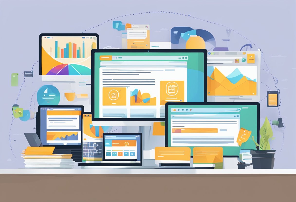 A computer monitor displaying a website with various off-page SEO factors such as backlinks, social media presence, and online reputation management