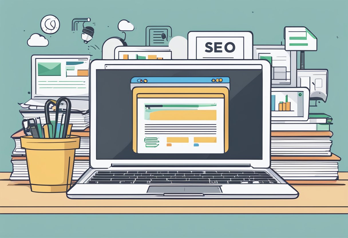 A laptop with "SEO for Content Creation" on the screen, surrounded by books and a notepad with "The Basics of SEO" written on it